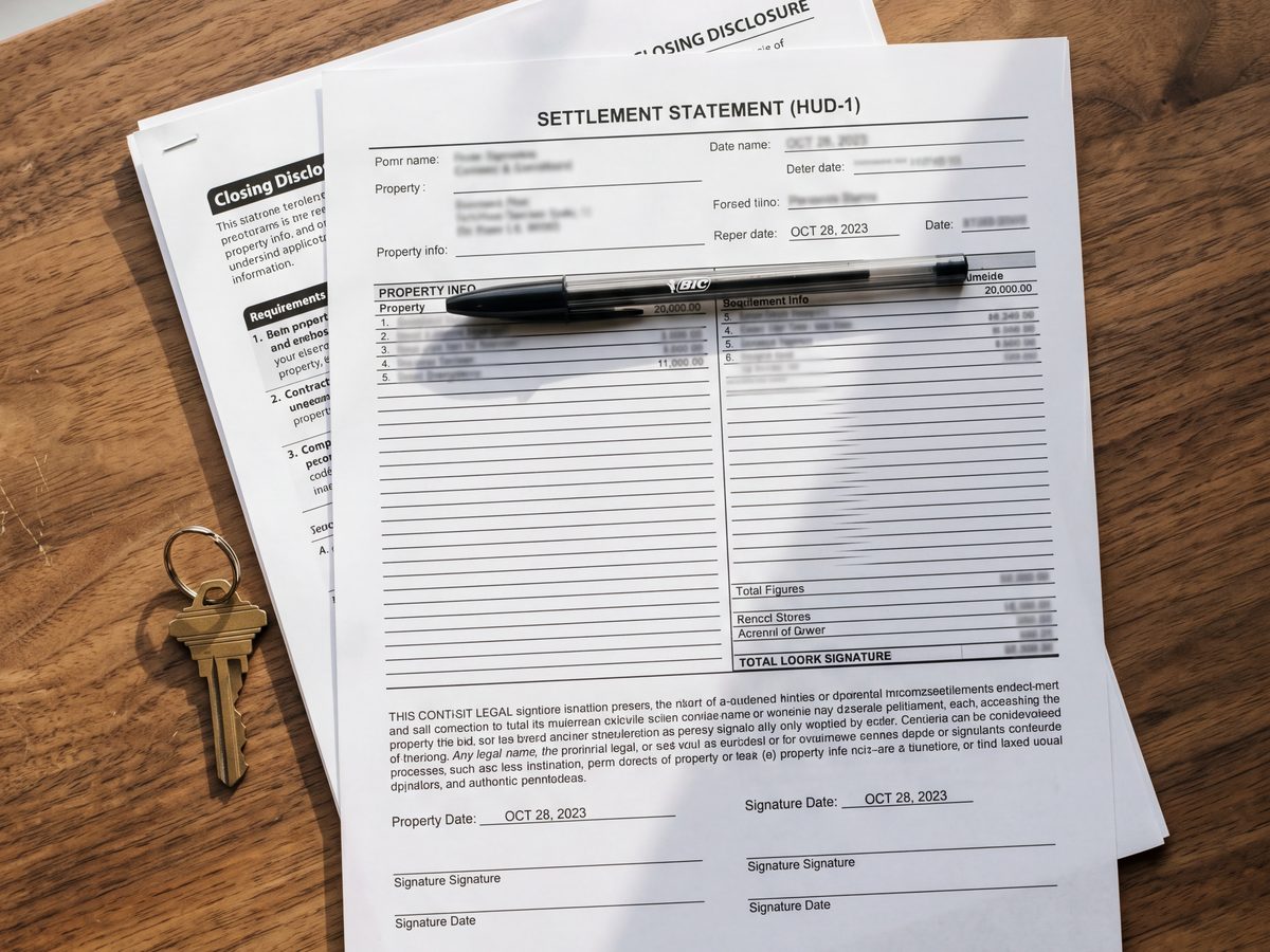 Closing table with HUD-1 settlement statement, pen, and house key