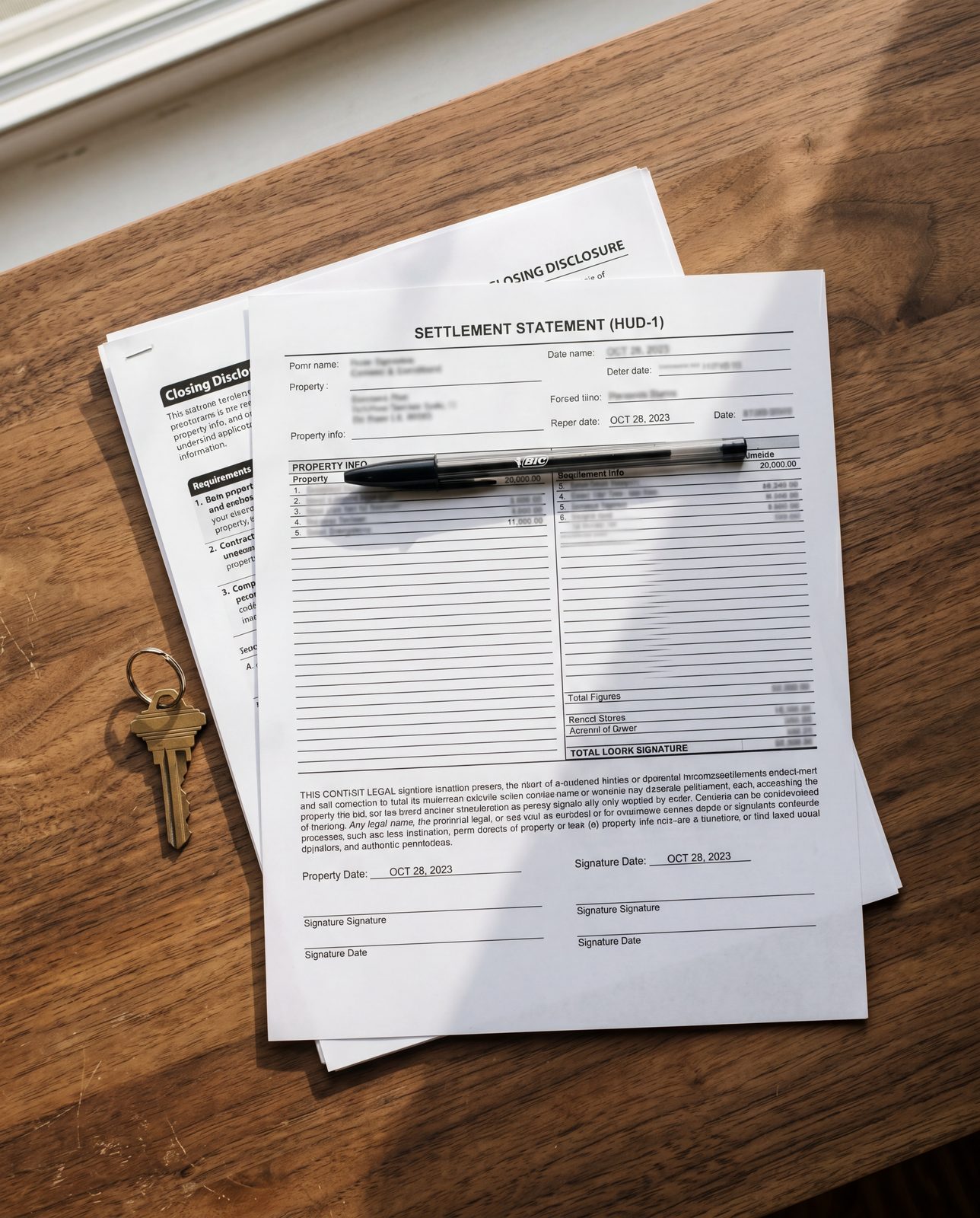 Closing table with HUD-1 settlement statement, pen, and house key